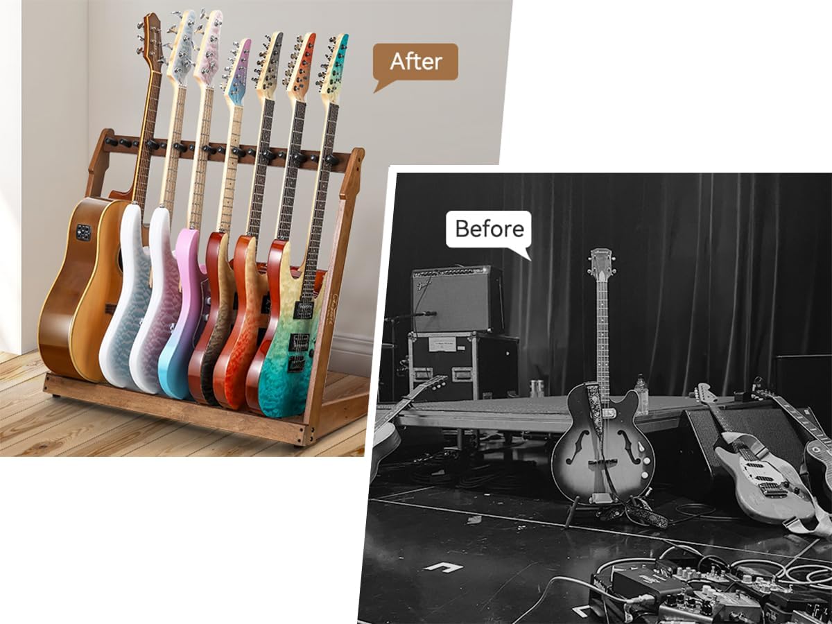 Guitar Stand for Multiple Guitars,Multi Wood Guitar Rack for 5 Acoustic Guitar, 8 Electric or Bass,18mm-thick wooden plank