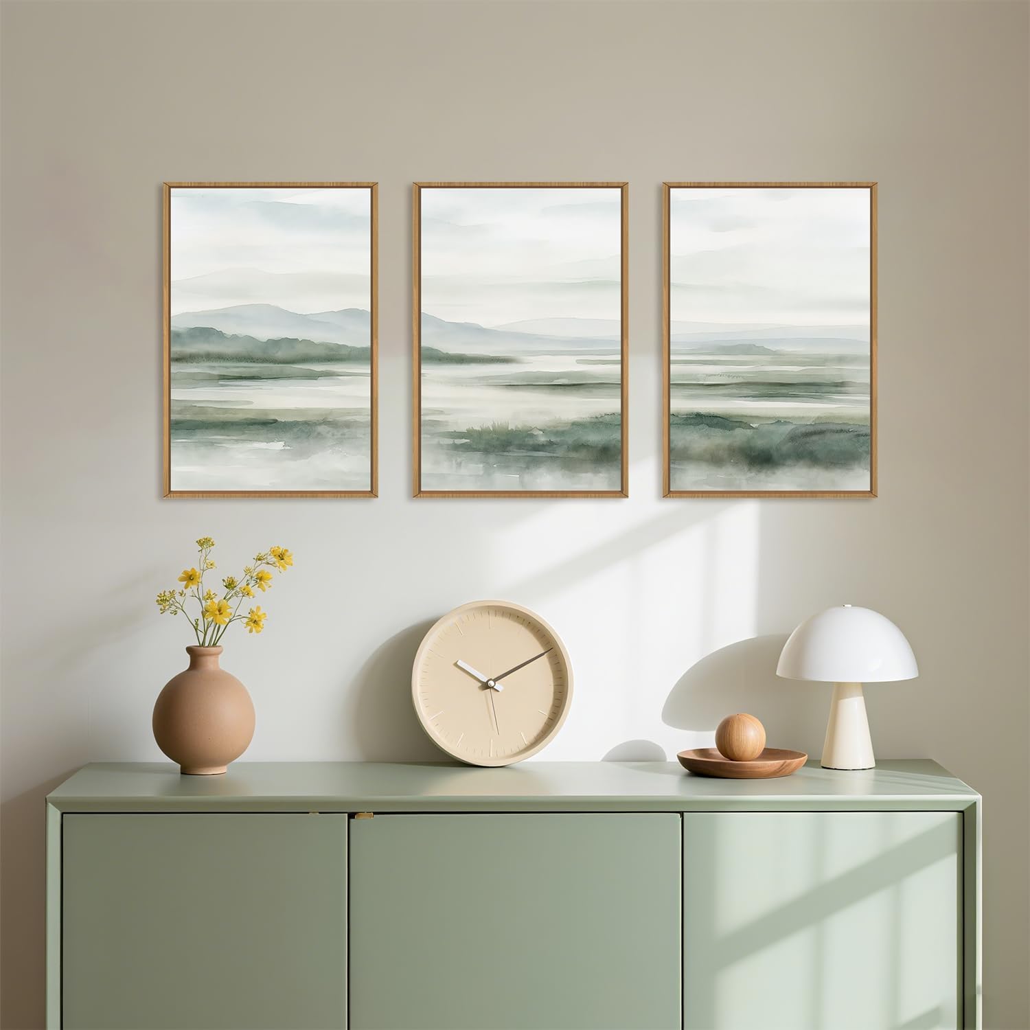 HOURIA Large Watercolor Misty Green Mountain Framed Canvas Wall Art,Neutral Brush Stroke Wall Decor,Modern Landscape Artwork,Nature Minimalist Art Print for Living Room,Bedroom,Office-24 x36 x3