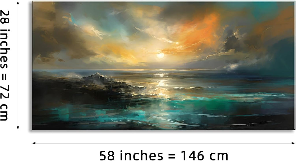 Lasdel Ocean Sunset Landscape Canvas Wall Art for Living Room Bedroom Home Decoration, Beautiful Nature Scenery Oil Painting Print Picture Decor Artwork, Gallery Wrapped Gift Inner Frame 28x58 Inches
