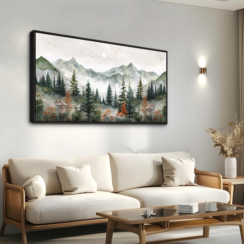 ZUITINGHUA Large Black Framed Wall Decor For Living Room Canvas Wall Art For Office Wall Decorations For Bedroom Forest Mountain Landscape Painting Modern Pictures Artwork Home Decor 24x48 In