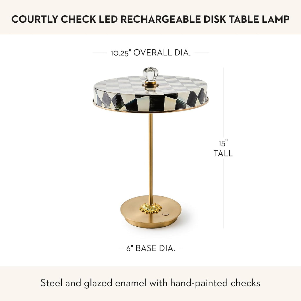 MACKENZIE-CHILDS LED Rechargeable Disk Table Lamp, Cordless Touch Lamp, Black-and-White Courtly Check