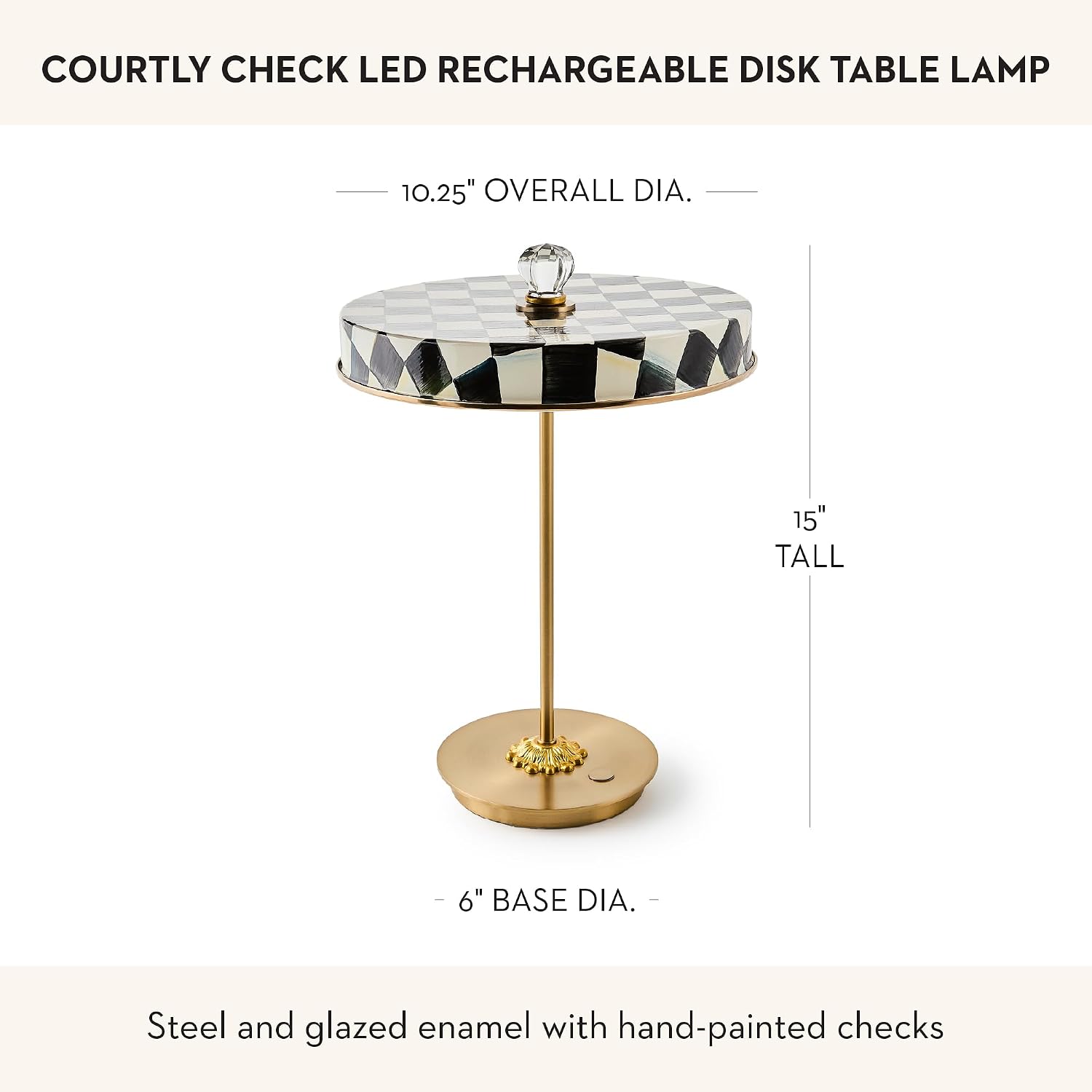 MACKENZIE-CHILDS LED Rechargeable Disk Table Lamp, Cordless Touch Lamp, Black-and-White Courtly Check