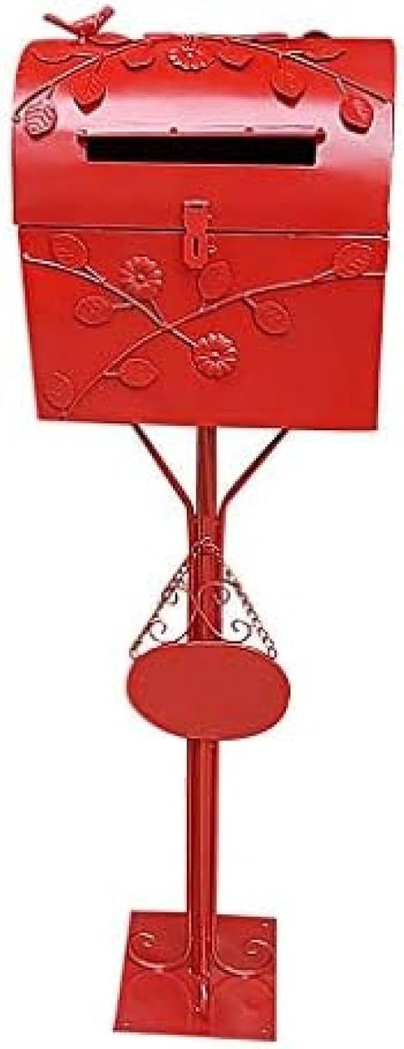 Standing Mailbox - Large Mailbox & Post System – Rust Resistant Mailbox – Includes Address Plaque, Mounting Hardware – Metal Mailbox - Bird Layer Design,Red