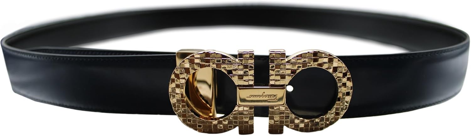 Salvatore Ferragamo Gancini Logo Engraved Reversible Gold Buckle Belt