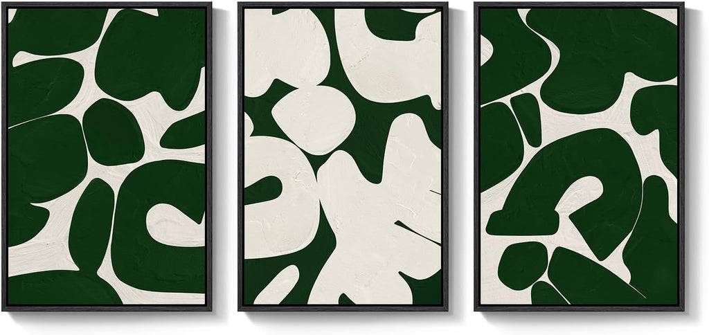 Large Framed Green and White Abstract Wall Art for Living Room, Set of 3 Minimalist Canvas Prints Paintings Artwork for Walls, Mid-Century Modern Pictures for Entryway, Hallway Wall Decor 24x36 In