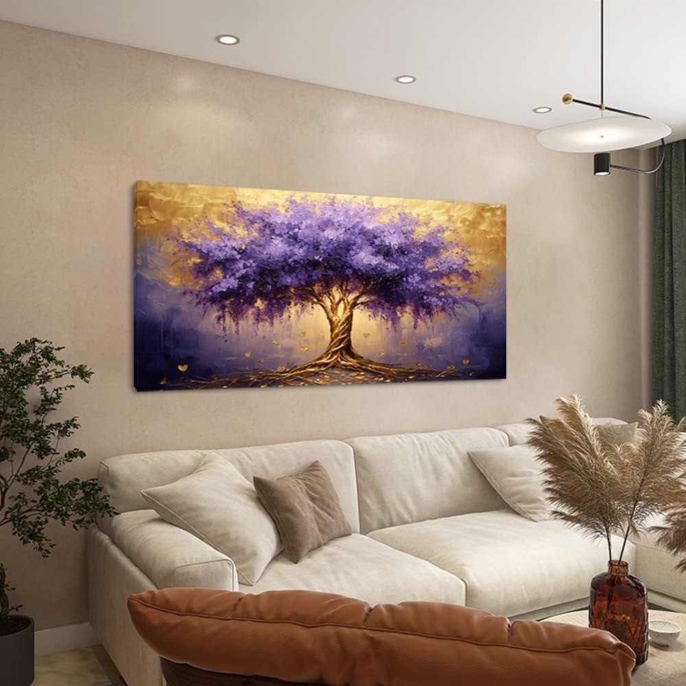Calming Tree of Life Wall Art for Living Room Office Purple Brown Canvas Painting Prints Large Nature Plant Artwork Home Family Bedroom Decor (28x58 Inches)
