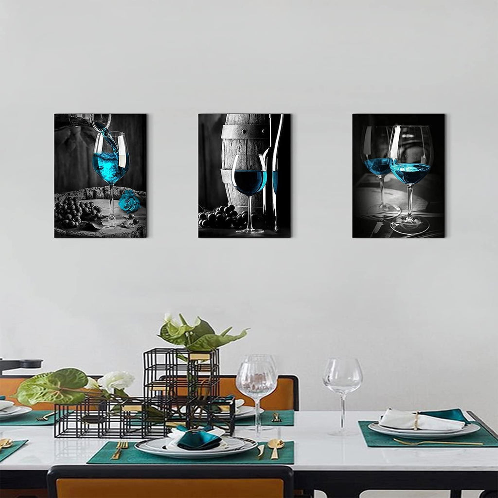 Teal Wine Dining Room Wall Decor Black and Blue Pictures Wall Art for Living Room Glass Goblet Canvas Paintings Home Decorations 16x24 Contemporary Turquoise Kitchen Bedroom Prints Posters 3 Pieces