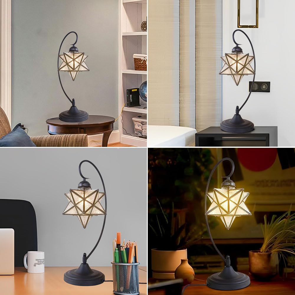 Glass Desk Lamps, Plug in Black Desk Lamp Fixture Retro Library Table Lamp with Pull Chain, Mid-Century Glass Star Lights for Office Study Room Bedroom Living Room