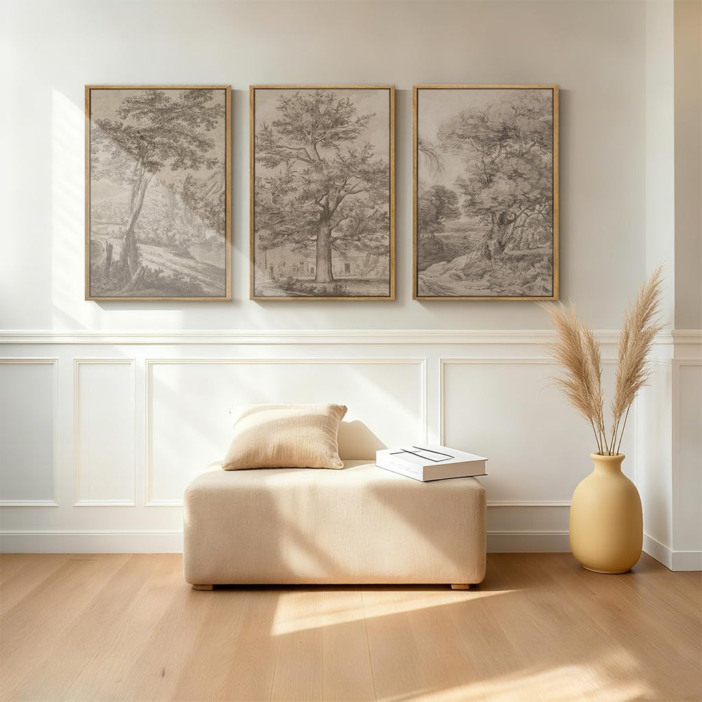 Extra Large Wall Art Framed Vintage Tree Sketch Antique Botanical Forest Prints Rustic Farmhouse Nature Decor for Living Room Bedroom Office 24'x36' Set of 3