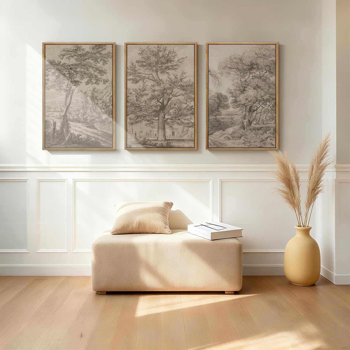 Extra Large Wall Art Framed Vintage Tree Sketch Antique Botanical Forest Prints Rustic Farmhouse Nature Decor for Living Room Bedroom Office 24'x36' Set of 3