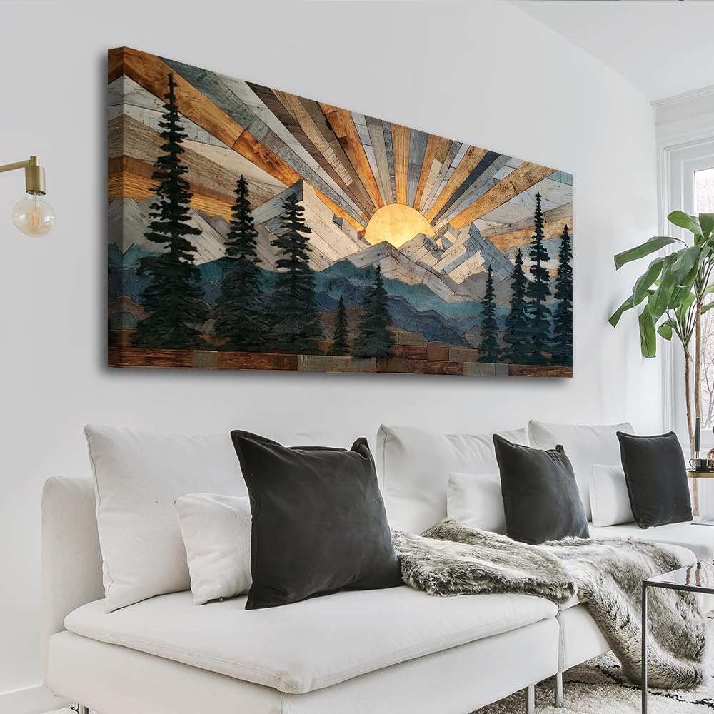 Boho Rustic Farmhouse Mountain Wall Art Sunrise Pine Tree Forest Nature Scenery Paintings Pictures Wall Decor Wood Texture Landscape Canvas Prints Artwork for Living Room Bedroom Home Office 28' x 58'