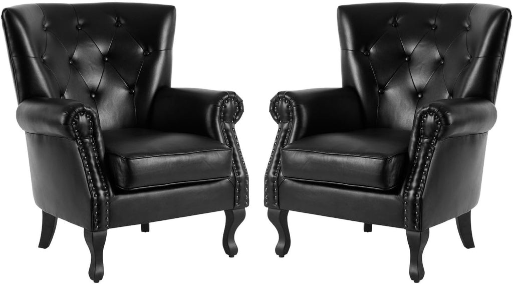 MOJAY PU Leather Accent Chair Set of 2, Modern Armchair Living Room Chair, Upholstered Club Chair with Rivet Trim, Mid-Century Sofa Chair with Sturdy Wood Legs for Bedroom (Black)