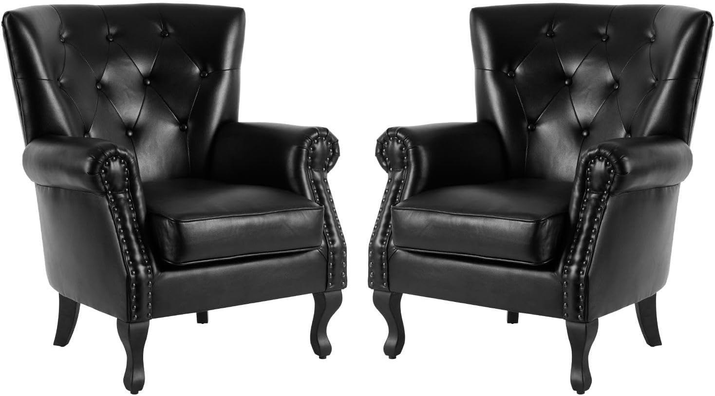 MOJAY PU Leather Accent Chair Set of 2, Modern Armchair Living Room Chair, Upholstered Club Chair with Rivet Trim, Mid-Century Sofa Chair with Sturdy Wood Legs for Bedroom (Black)