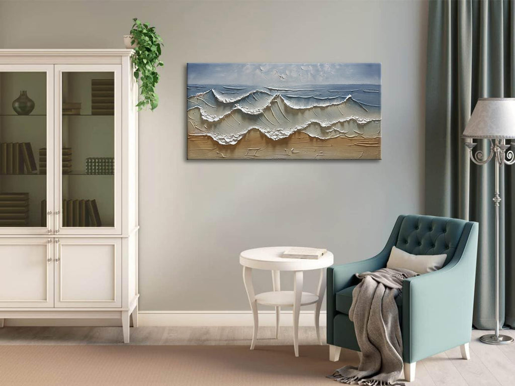 Slyart Abstract Blue Ocean Wave Wall Art, Textured Oil Painting on Canvas Relief Wall Art, 24' x 48' Abstract Modern Sea Artwork Wall, Neutral Wall Decor
