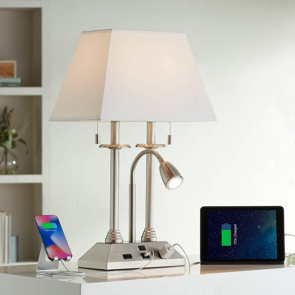 Possini Euro Design Dexter 26' High Modern Table Lamp with USB Charging Ports A+C and AC Power Outlet in Base Brushed Nickel LED Reading Light White Linen Shade Bedroom Living Room House Desk