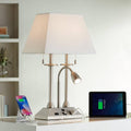 Possini Euro Design Dexter 26' High Modern Table Lamp with USB Charging Ports A+C and AC Power Outlet in Base Brushed Nickel LED Reading Light White Linen Shade Bedroom Living Room House Desk