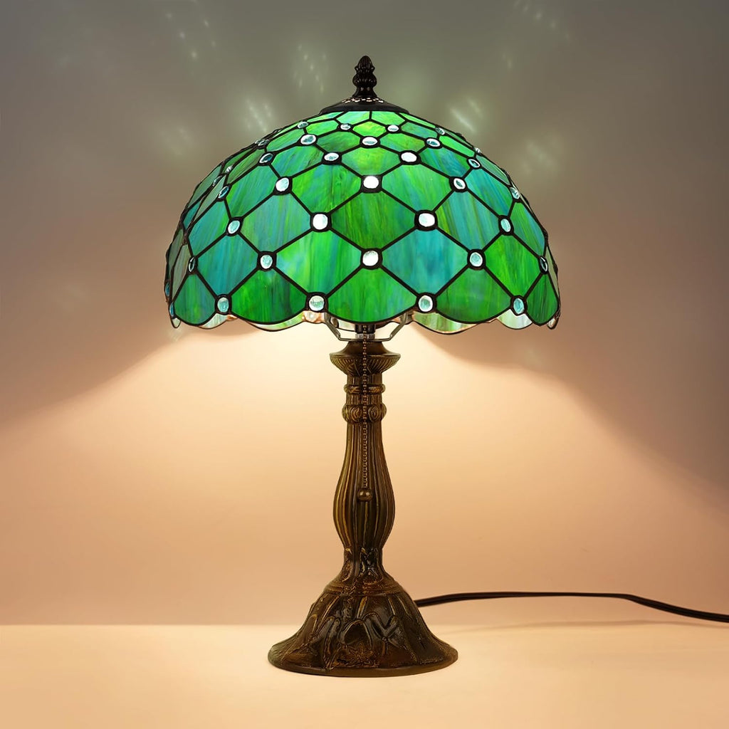 MOAN Lamp Stained Glass Table Lamp 12X12X19 Inch Bedside Reading Light Antique Bronze Base(Sea Blue Pearl Style)
