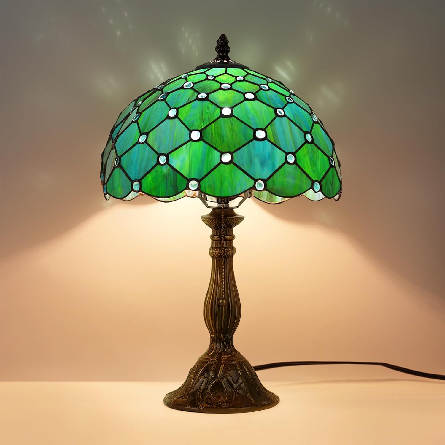 MOAN Lamp Stained Glass Table Lamp 12X12X19 Inch Bedside Reading Light Antique Bronze Base(Sea Blue Pearl Style)