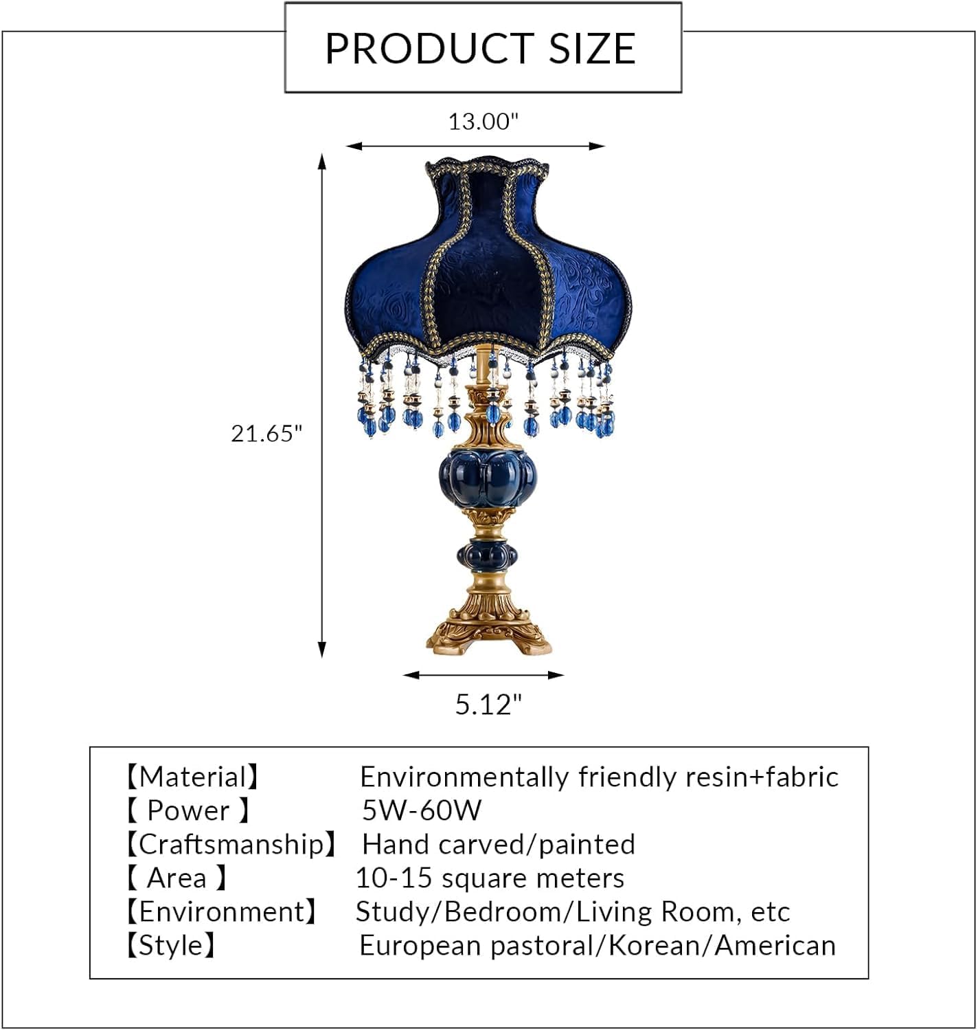 European Style Table Lamp with Fabric Lampshade Hand-Made Antique Varnished Resin Lampbody Victorian Style Table Lamp for Living Room Bedroom(Blue)