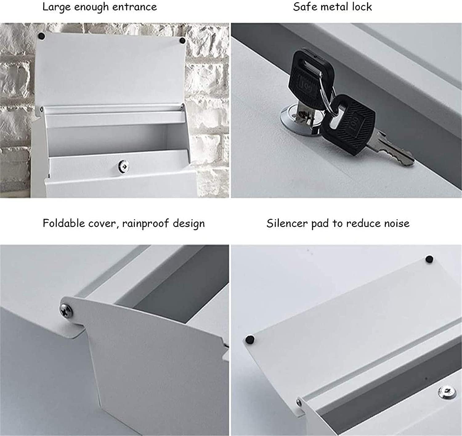 Wall-Mount Mailboxes Modern Villa Metal Mail Box ，Outdoor Rainproof Wall-Mounted Mailbox Household Large Magazine Postbox with Lock and Keys (Color : White, Size : 32 * 10.5 * 45.5cm)