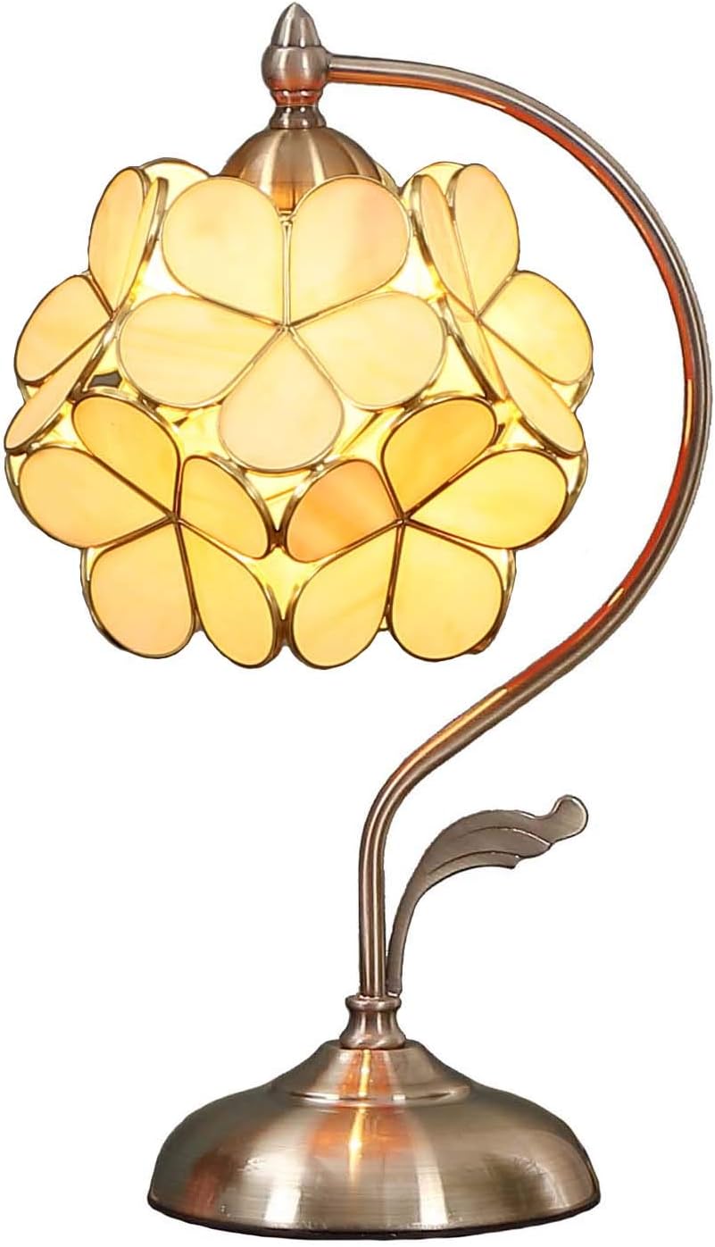 Bieye L10754 Tiffany Style Stained Glass Flower Petal Table Lamp with Brass Base for Home Décor (Cream, 8' Cherry Blossom)