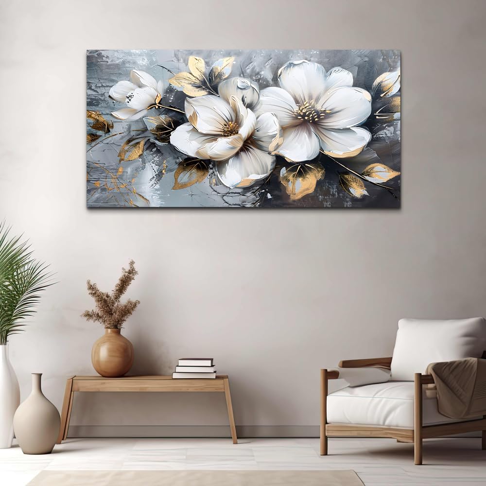 KELIYUAN Large Canvas Wall Decor Living Room For Wall Art For Bedroom Office Decorations Abstract White Flowers Wall Paintings Pictures Artwork Modern Framed Posters Home Decor Aesthetic 30'x60'