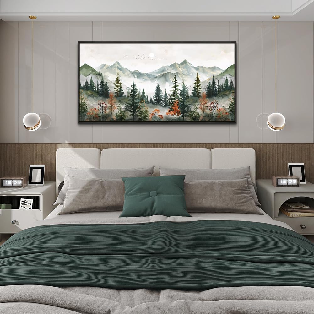ZUITINGHUA Large Black Framed Wall Decor For Living Room Canvas Wall Art For Office Wall Decorations For Bedroom Forest Mountain Landscape Painting Modern Pictures Artwork Home Decor 24x48 In