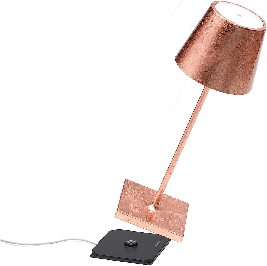 Zafferano, Poldina Pro Mini Lamp with Copper Leaf, Rechargeable Cordless Table Lamp with Touch Controls, Usable as an Indoor Lamp, Dimmer, 2200-3000 K, Height 11.8 Inches