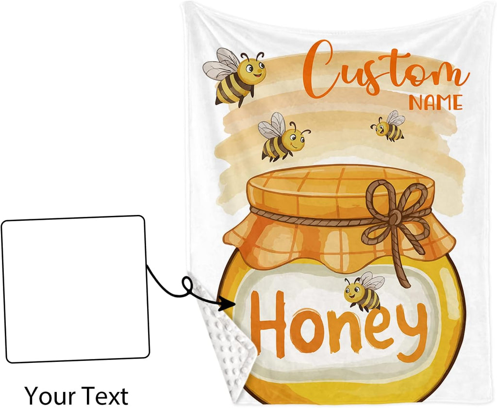 Personalized Crib Bedding Set for Baby Boys Girls, Honeypot Pattern Custom Name Baby Crib Sets 5-Pcs, Double Layer Baby Blanket Fitted Sheet Changing Pad Cover Rug Wall Art Set