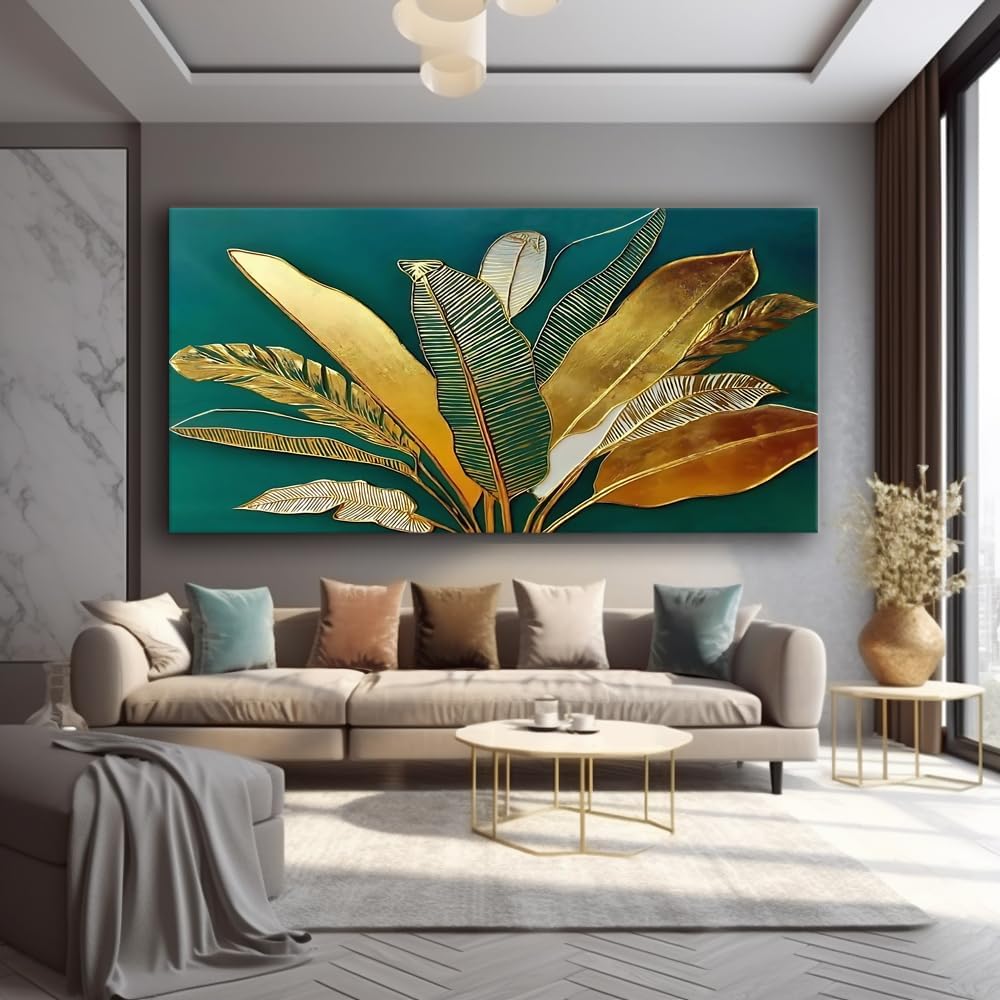 IDAFU Green Leaf Wall Art, Green and Gold Leaves Wall Painting, Emerald Green Tropical Botanical Décor Canvas Prints, Abstract Sage Boho Painting for Office Home Décor, Ready to Hang 60L x 30W