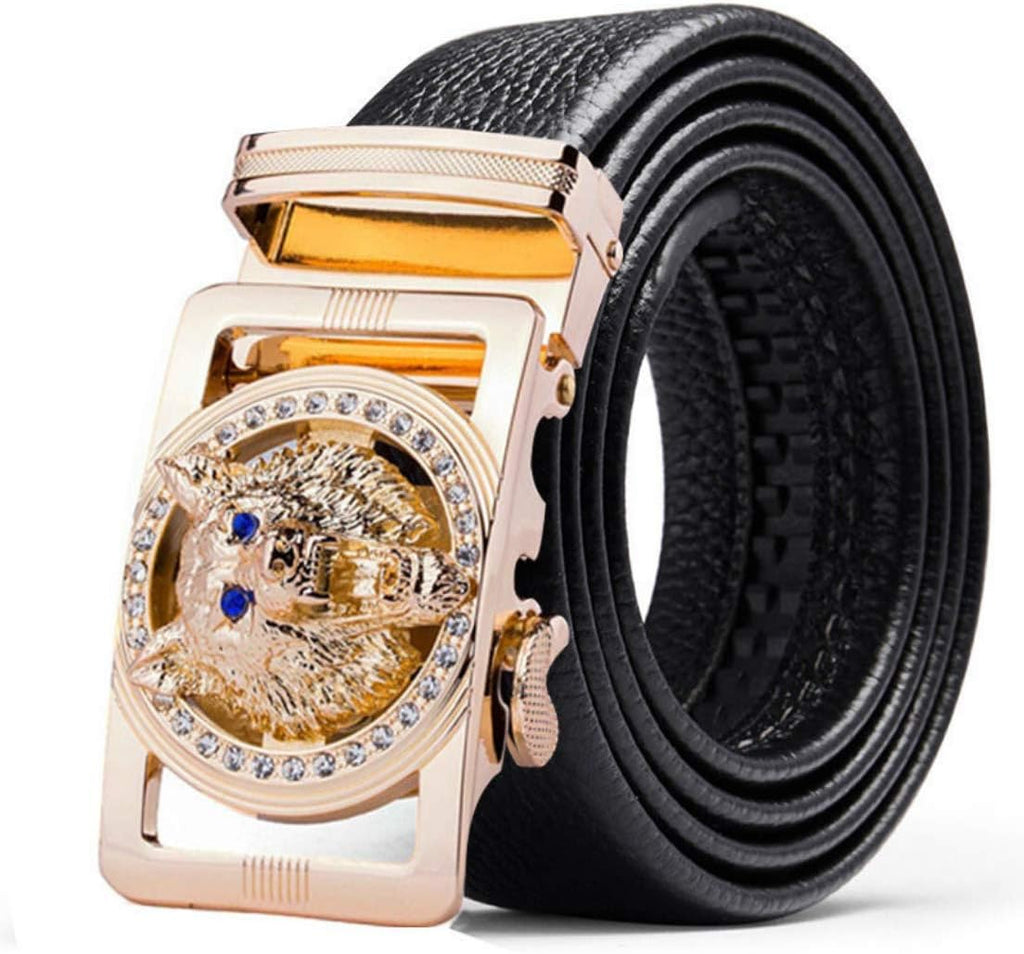 1.38' Luxury Genuine Leather Men's Dress Belt Wolf-Head Buckle Automatic Ratchet Reversible Gift Box