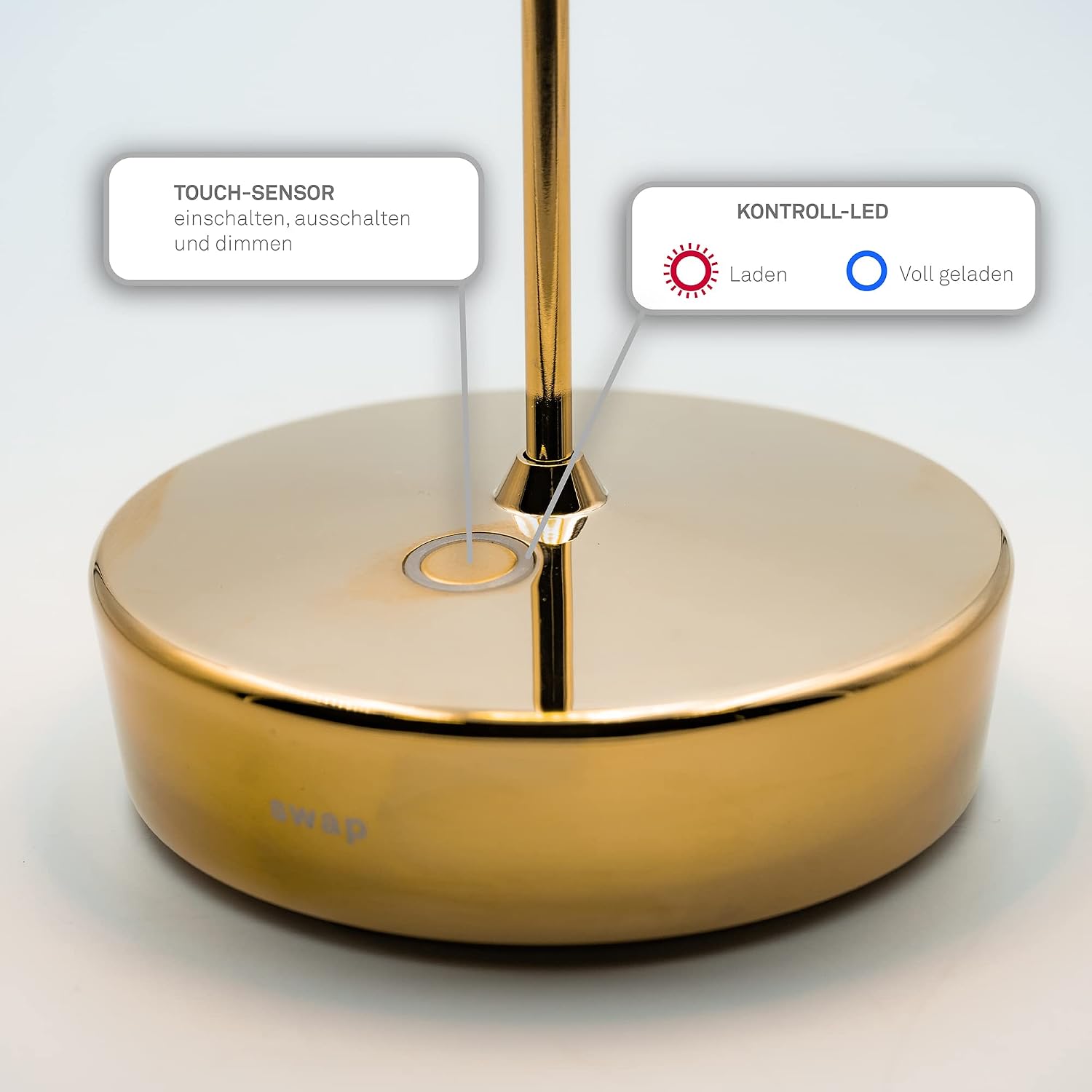 Zafferano, Swap Mini Lamp with Shiny Golden Finish, Rechargeable and Wireless Table Lamp with Touch Control, Suitable for Indoor Use, Dimmer, 2700K, Height 14.8 cm