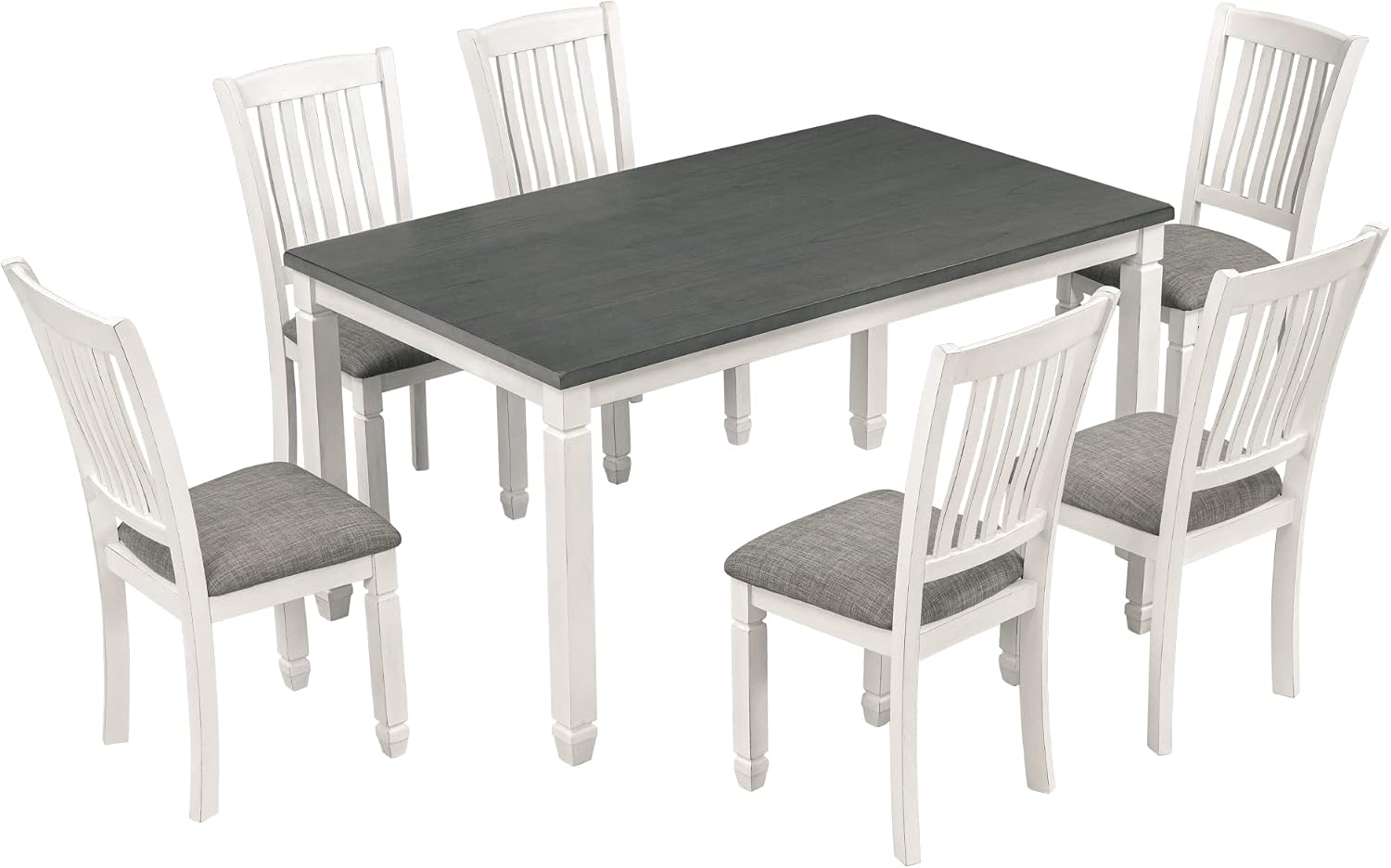 Neoclassical Solid Wood Dining Table Set of 7, Kitchen Dining Room Table Set, 60' Rectangle Dining Room Table with 6 Upholstered Chairs and Shaped Legs, Family Dining Kitchen Set for 6