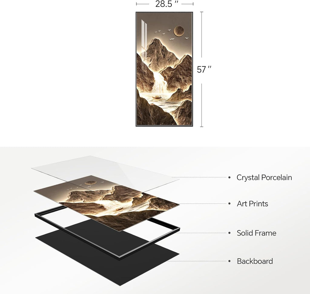 Framed Large Modern Mountain Wall Art for Living Room, Vertical Gold Bright Style Artwork for Walls, Luxury Landscape Scenery Painting Print for Entryway Hallway Stair Home Office Wall Decor, 30x60 In