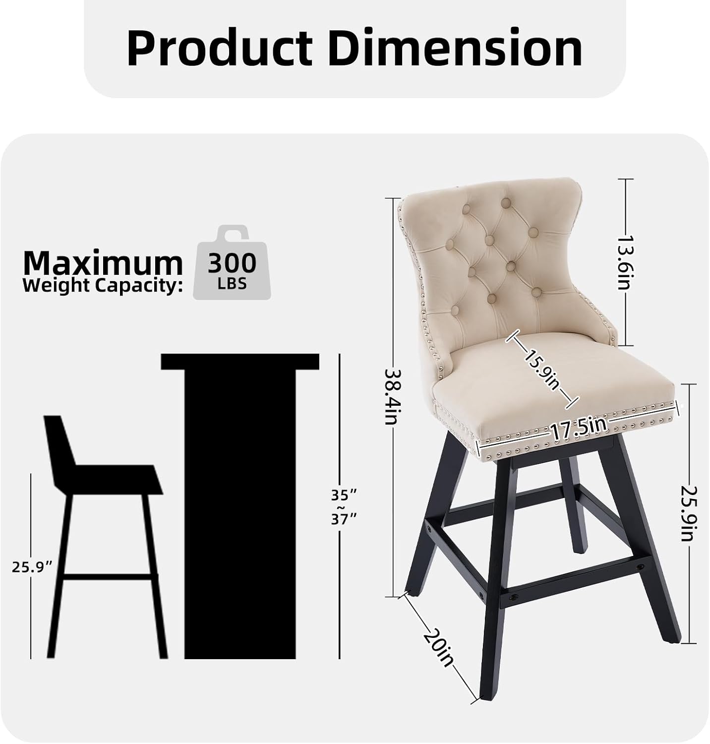 Velvet Bar Stools Set of 2, Modern Swivel Counter Height Stools, Upholstered Kitchen Island Chairs with Button Tufted Back, Rivet Trim, Solid Wood Legs, 26' H Seat, Beige