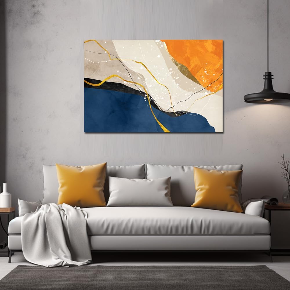 Abstract Canvas Wall Art for Living Room Large Nave Blue Abstract Wall Decor Picture Modern Orange Painting Artwork for Bedroom Home Office Decoration, Ready to Hang (Blue and Orange, 32'×48')
