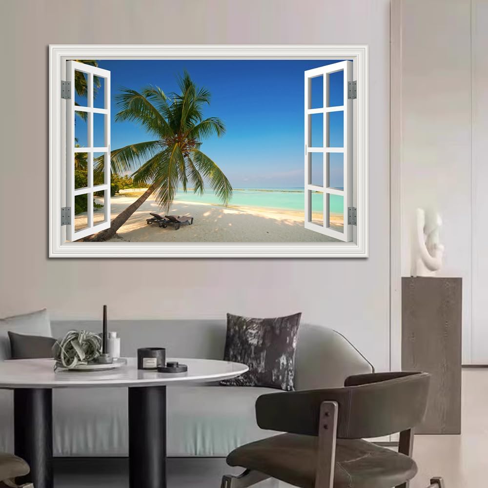 Beach Wall Art Ocean Theme Canvas Pictures White Fake Window Frame Style Tropical Palm Tree Wall Painting Extra Large Blue Coastal Landscape Art Print Seascape Artwork for Living Room Bedroom Home Office Decorations 32x48inch
