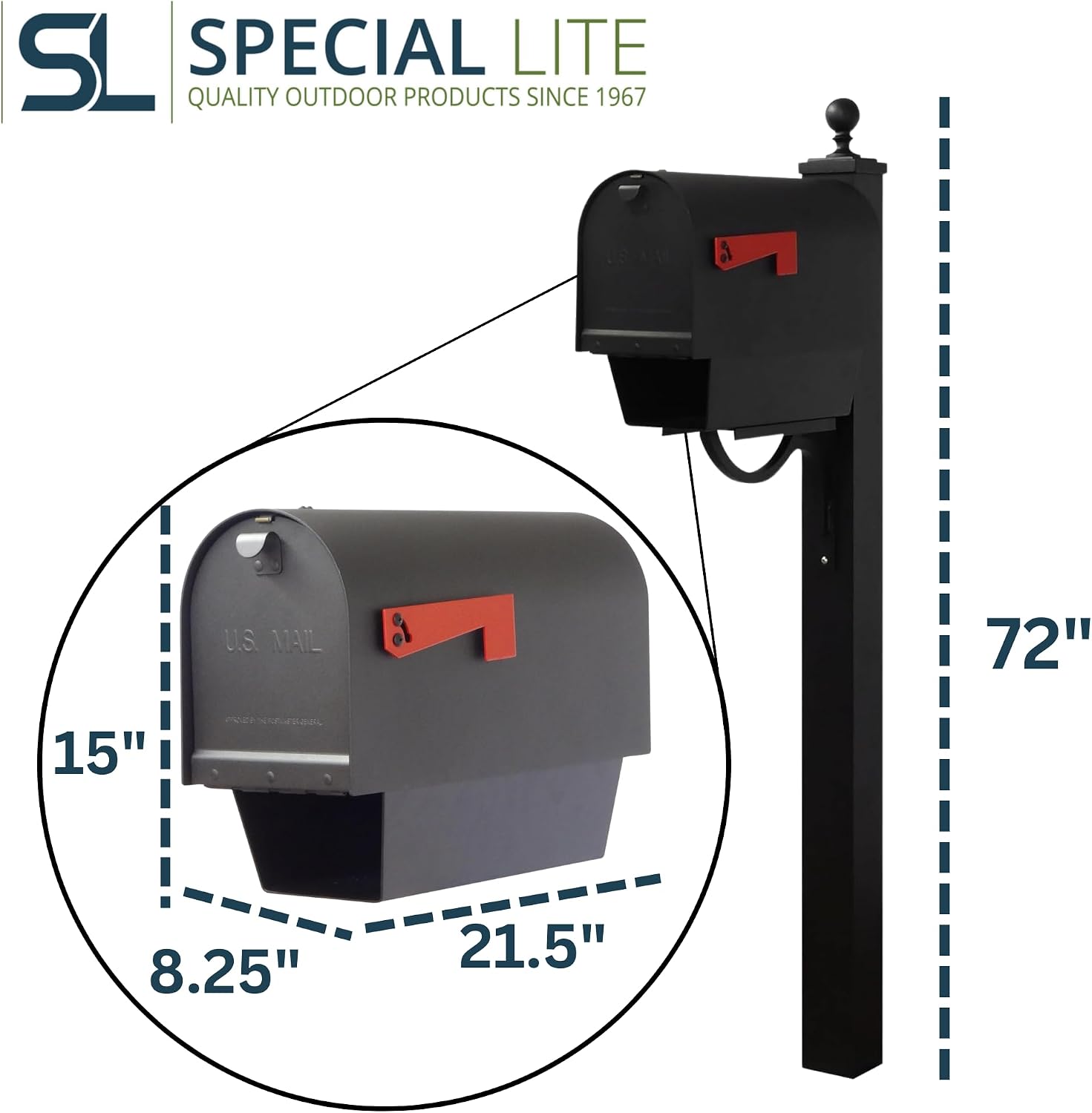 Special Lite Titan Steel Curbside Mailbox with Paper Tube with Springfield Post - Black Aluminum Mailbox with Post - SCH2016S-SPK710-BLK