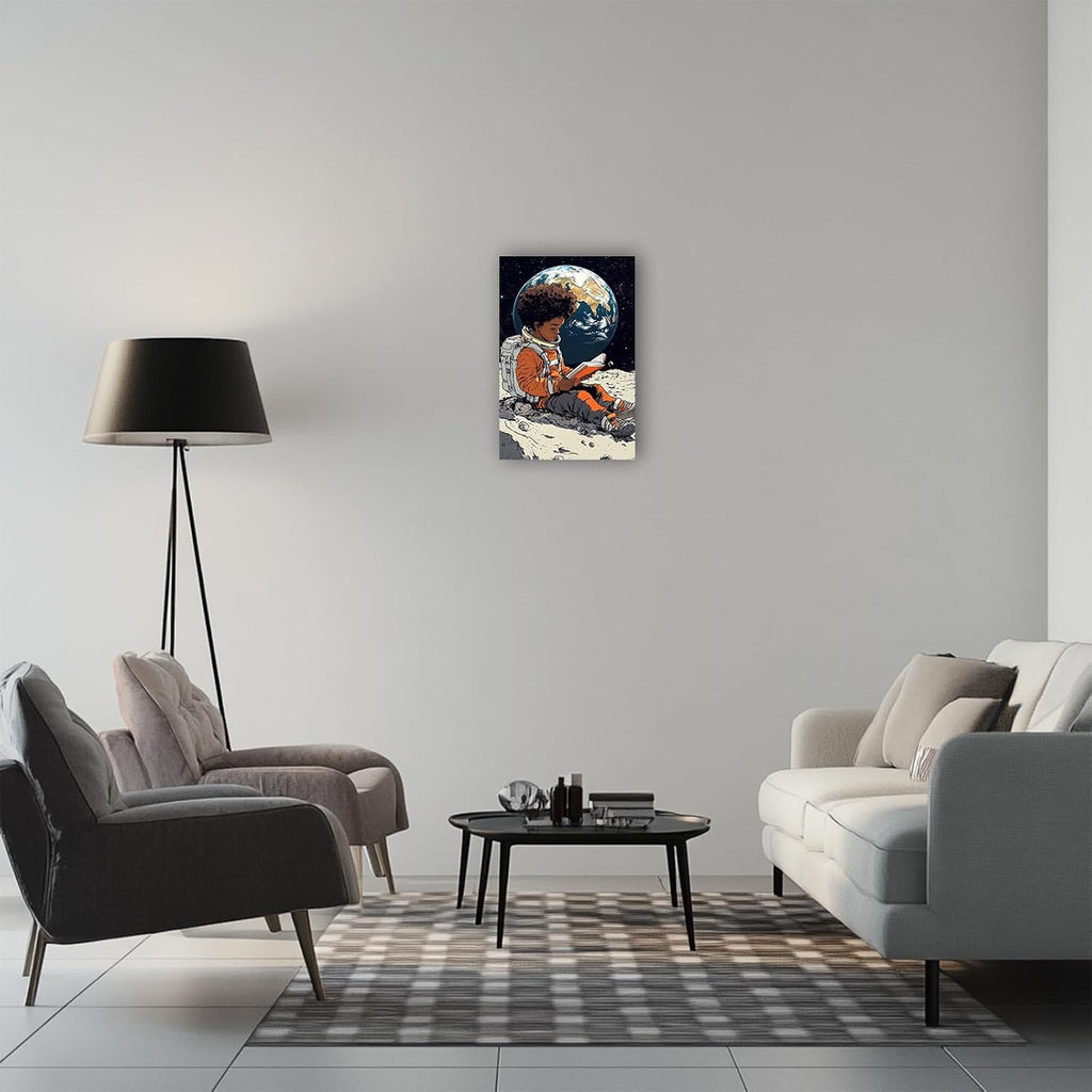 CHAOSETKEN African American Wall Art Astronaut Painting Black Boy Reading on the Moon Canvas Prints Space Themed Pictures for Office Decor Framed (28.00' x 42.00')