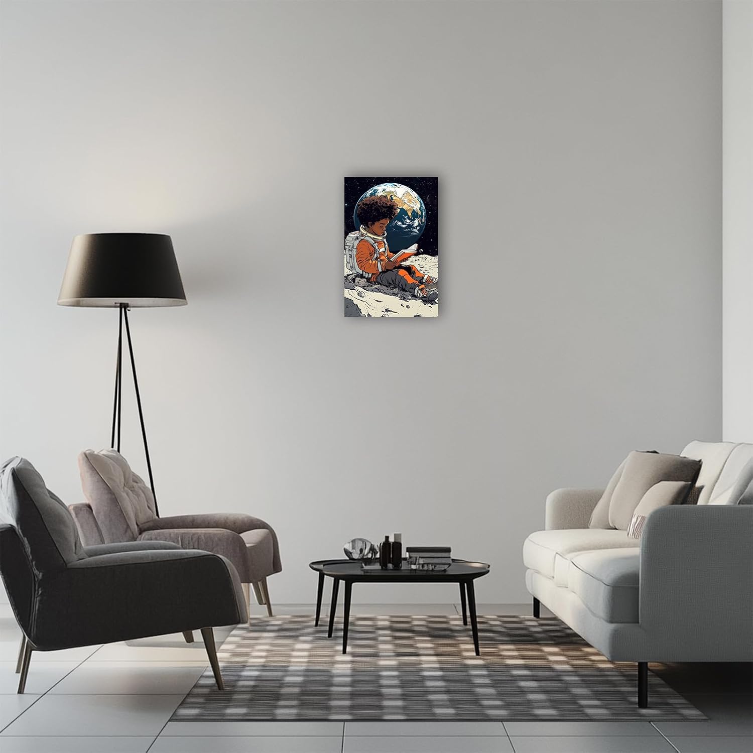 CHAOSETKEN African American Wall Art Astronaut Painting Black Boy Reading on the Moon Canvas Prints Space Themed Pictures for Office Decor Framed (28.00' x 42.00')