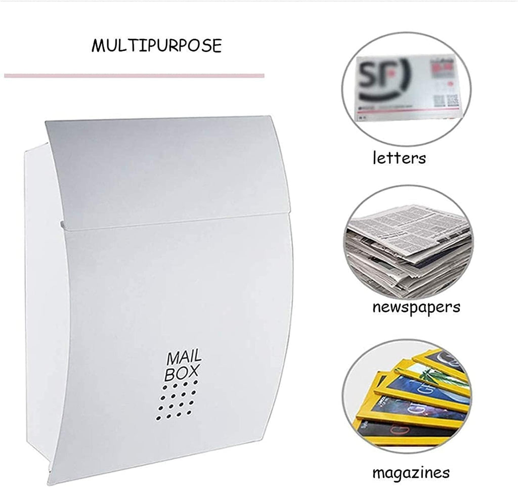 Wall-Mount Mailboxes Modern Villa Metal Mail Box ，Outdoor Rainproof Wall-Mounted Mailbox Household Large Magazine Postbox with Lock and Keys (Color : White, Size : 32 * 10.5 * 45.5cm)