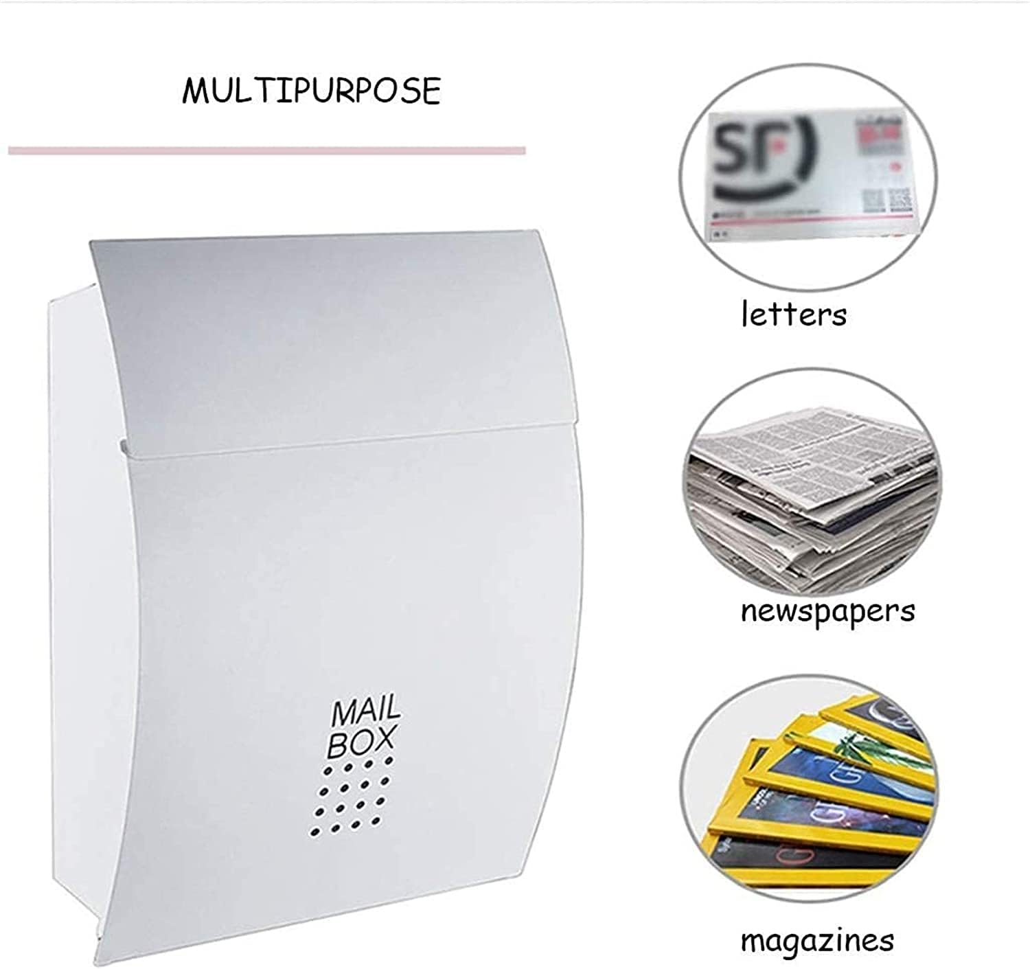 Wall-Mount Mailboxes Modern Villa Metal Mail Box ，Outdoor Rainproof Wall-Mounted Mailbox Household Large Magazine Postbox with Lock and Keys (Color : White, Size : 32 * 10.5 * 45.5cm)