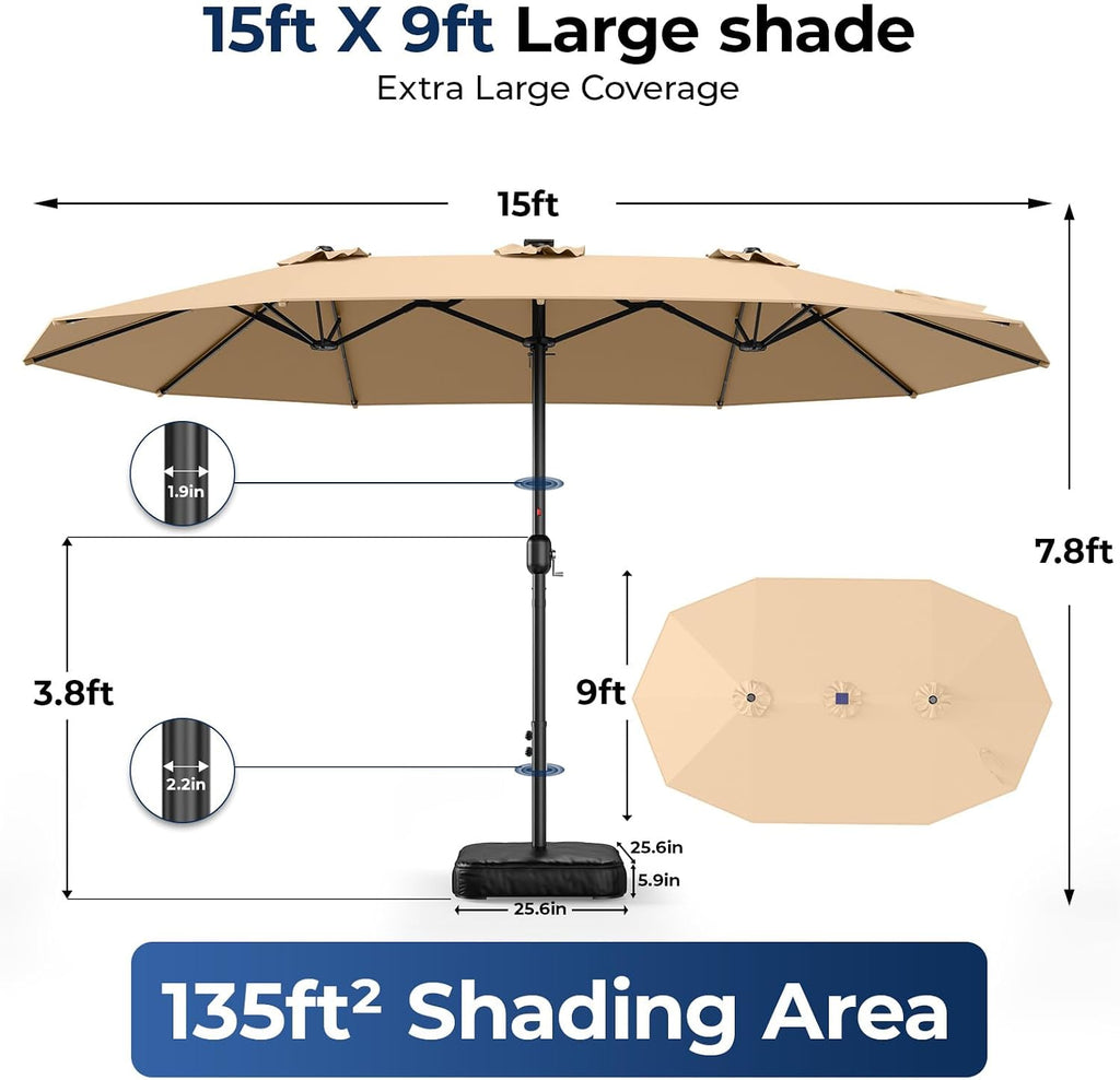 HOMSHADE Double Sided Patio Umbrellas - 15ft Solar Lights LED Lighted Outdoor Extra Large Market Table Umbrella with Base Included, Oversized Umbrella for Deck, Pool, Backyard (Beige)