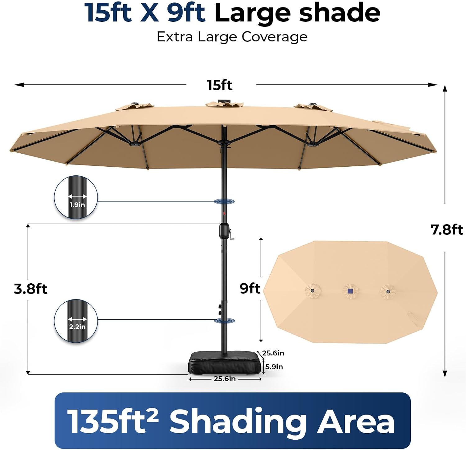 HOMSHADE Double Sided Patio Umbrellas - 15ft Solar Lights LED Lighted Outdoor Extra Large Market Table Umbrella with Base Included, Oversized Umbrella for Deck, Pool, Backyard (Beige)