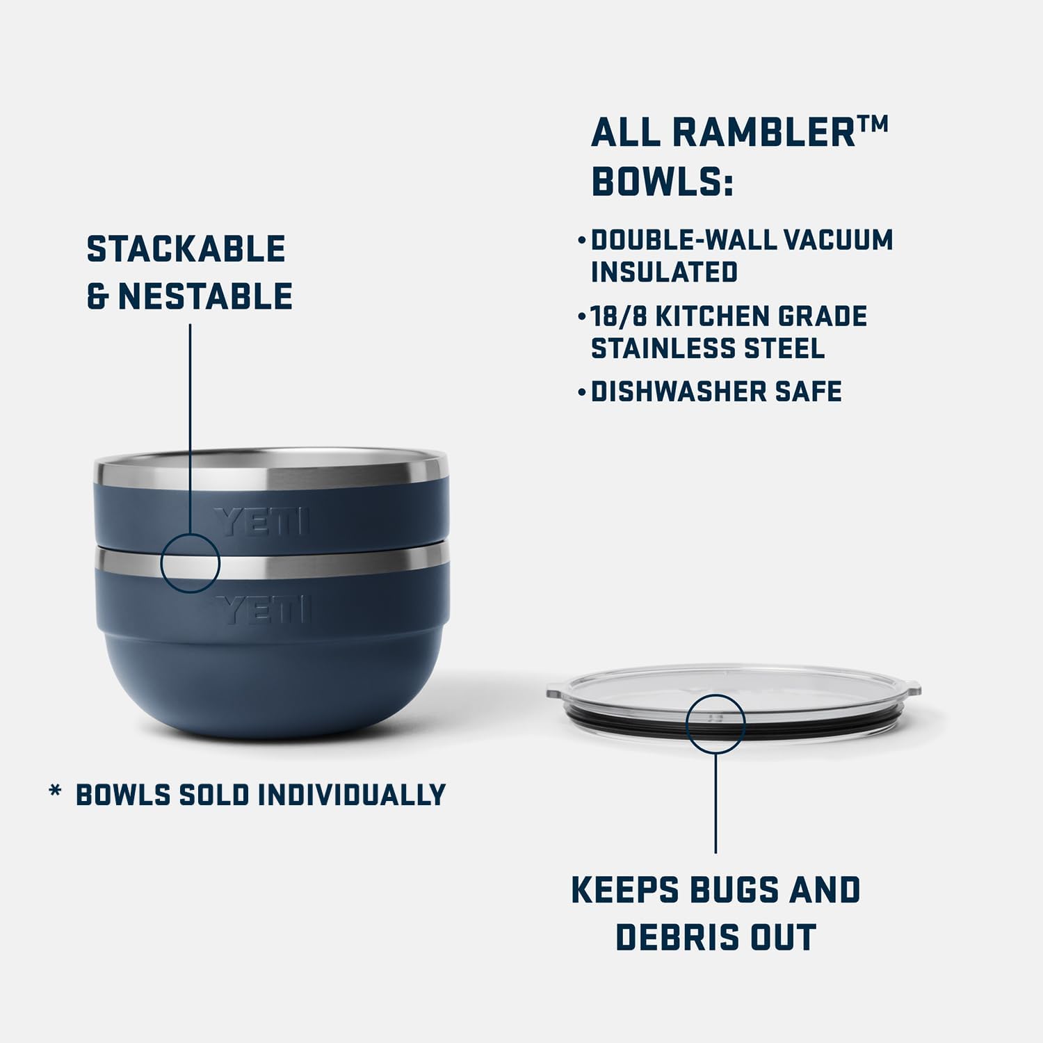 YETI Nestable Standard Food Storage Bowl Set, (1) 1 QT, (1) 2 QT, and (1) 4.5 QT, Navy