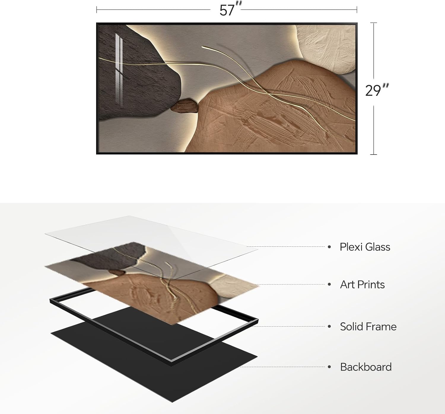Framed Abstract Horizontal Wall Art for Living Room, Extra Large Brown and Tan Modern Artwork for Walls, Contemporary Elegant Picture Prints Paintings for Bedroom Dining Room Wall Decor, 56x28 Inch