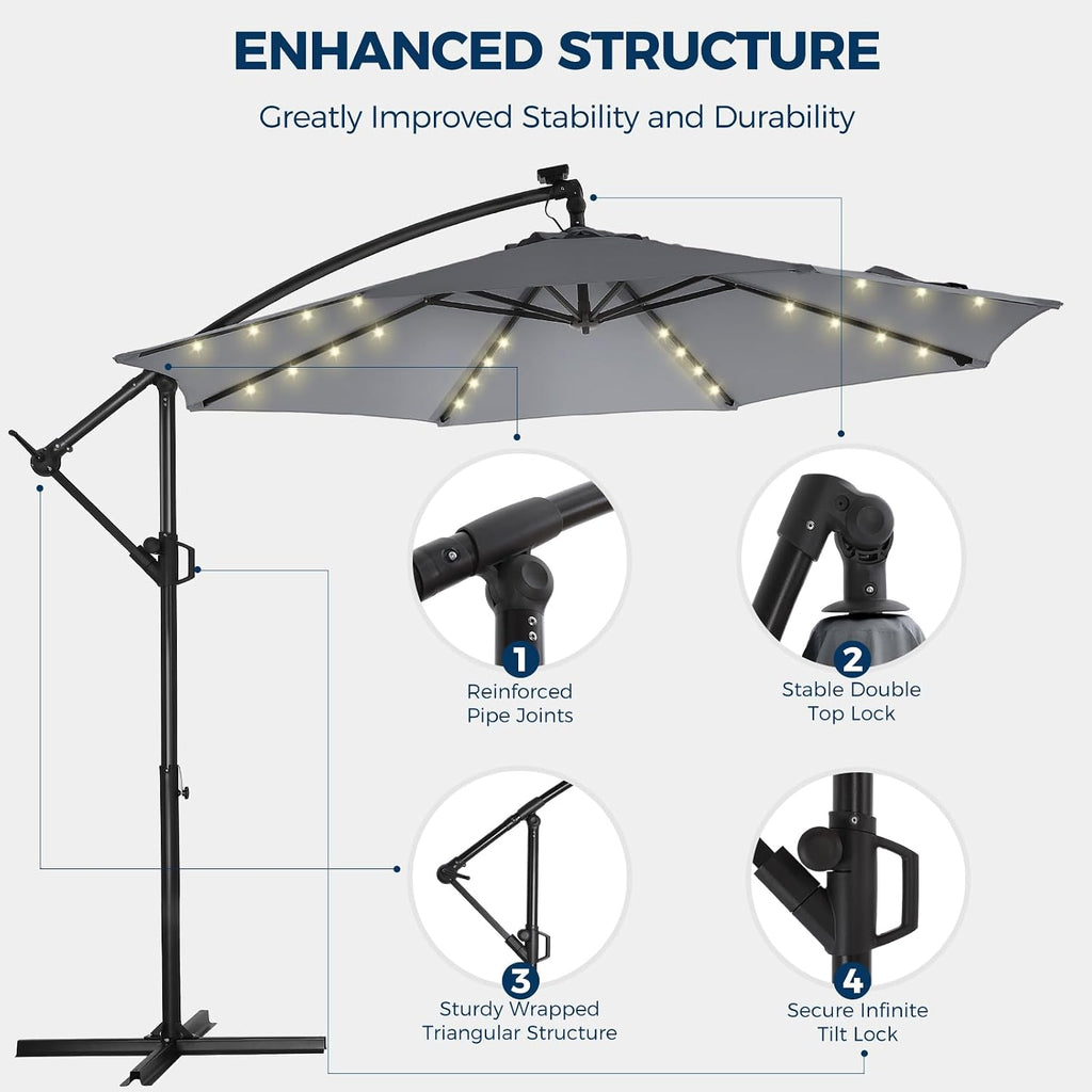 HOMSHADE 10ft Solar Lights Offset Cantilever Patio Umbrella - wtih Light and Base, LED Lighted Offset Hanging Patio Outdoor Market Umbrella UPF50+ UV Protection with Easy Tilt and Crank (Grey)