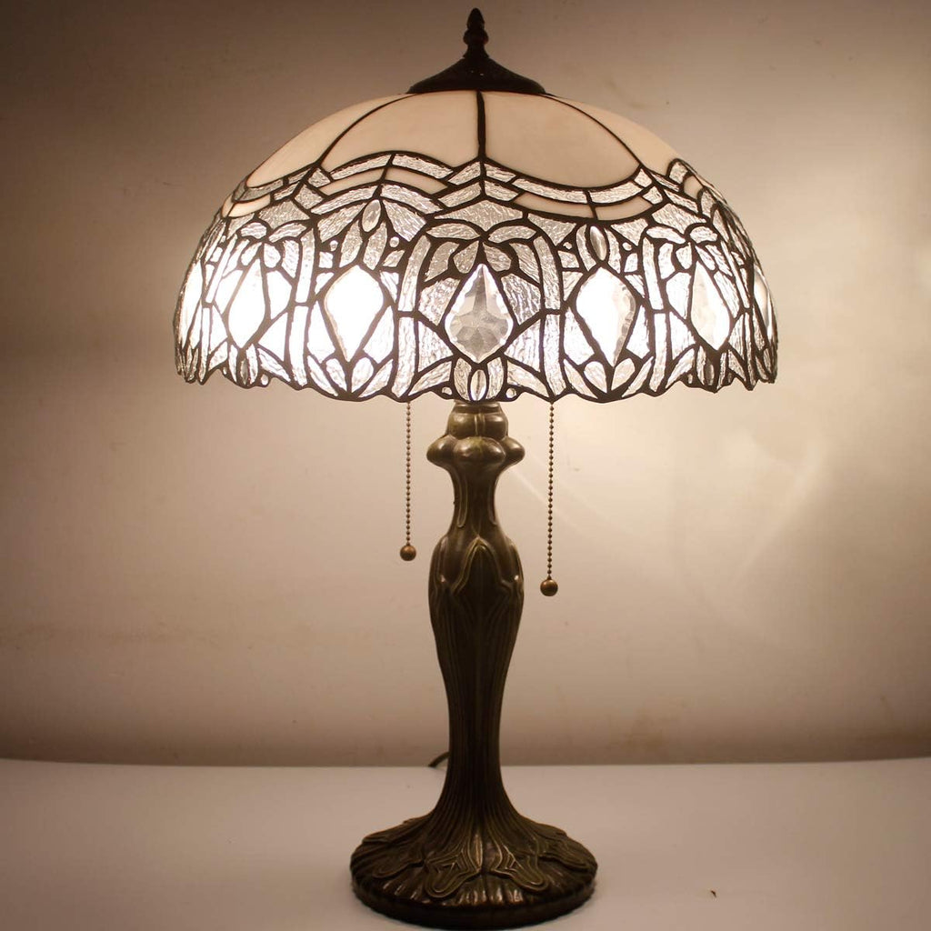 WERFACTORY Tiffany Style Table Lamp White Stained Glass Crystal Bedside Lamp 16X16X24 Inch Desk Reading Light Metal Base Decor Bedroom Living Room Home Office S508W Series