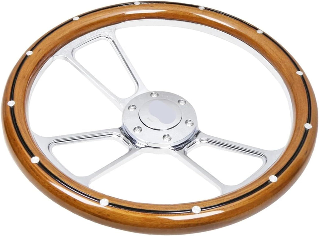 Customization 14' Black Billet Steering Wheel Mahogany Wood Half Wrap Aluminum Rivets(Silver)