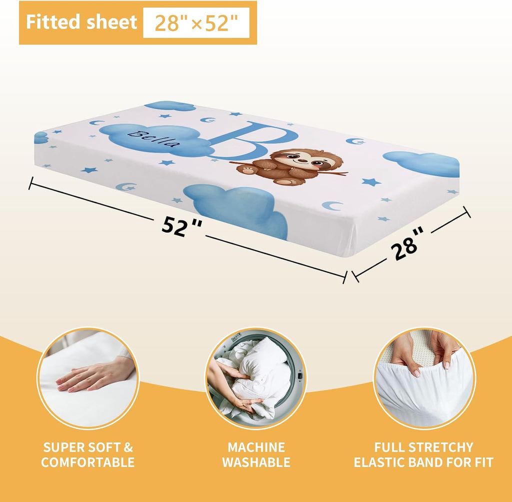 Terwex Personalized Baby Bedding Set, 5 Pcs Custom Baby Crib Sets with Name, Toddler Bedding Set for Baby Girls Boys, Blue Sloth Double Layer Nursery Bedding Set, Customized Gifts for Infants Kids